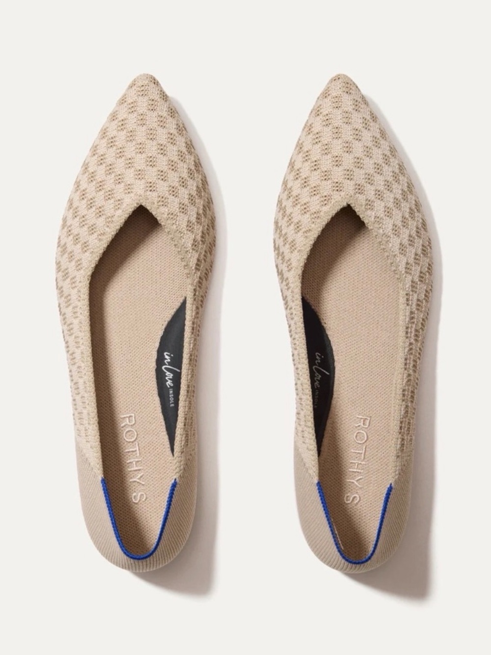 Rothy's “The Point II” Frappe Basketweave Textured Flats— Beige with Blue Accent